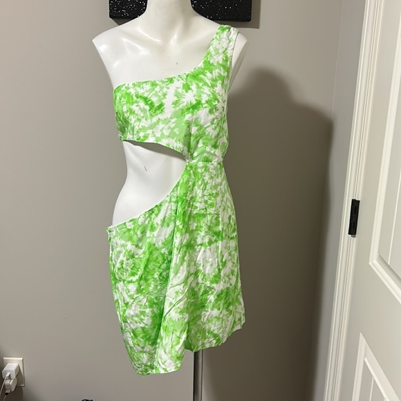 FOR LOVE and LEMONS Devon Mini Dress One Shoulder Green White Tie Dye Sz M NEW - Picture 5 of 12
